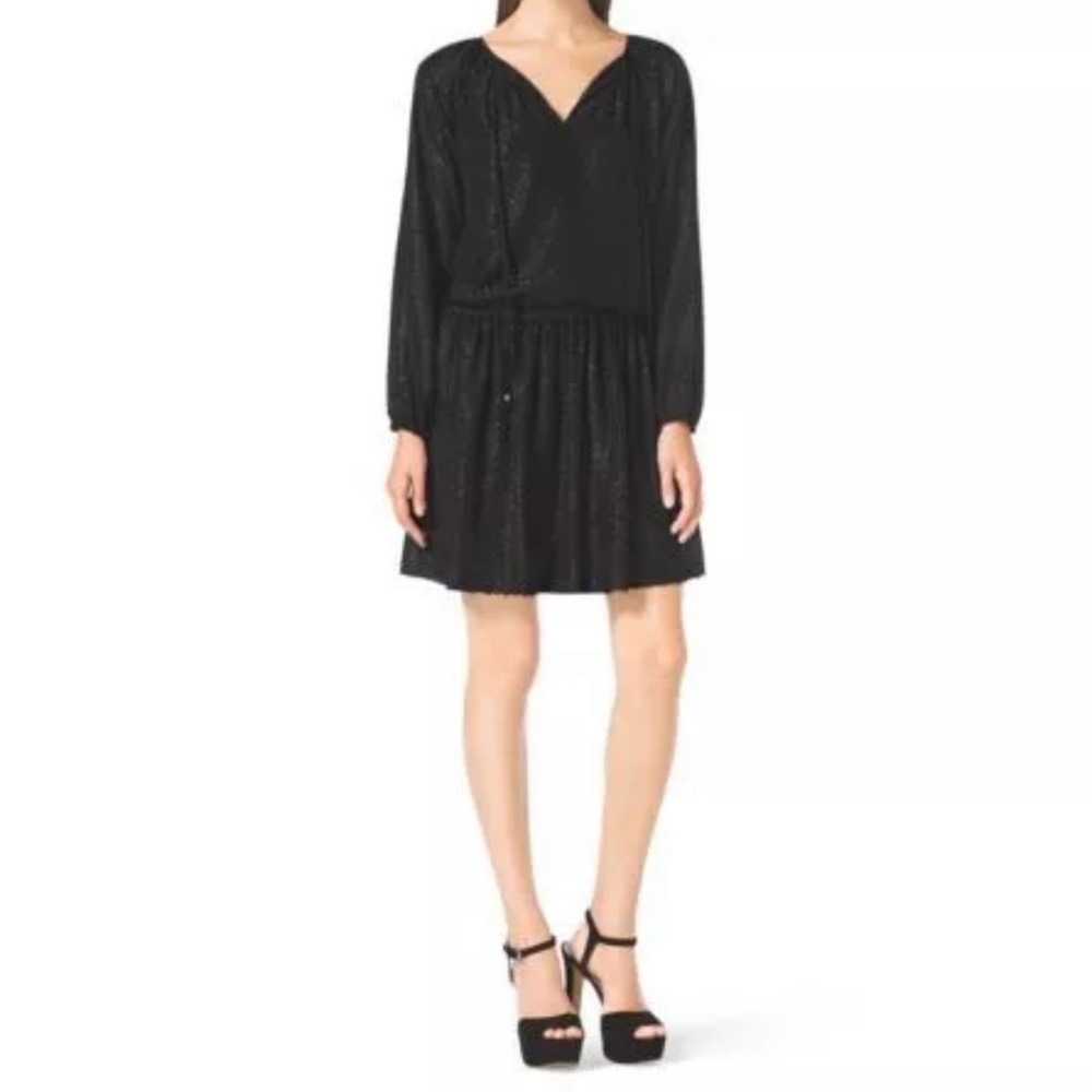 Michael Kors black long sleeved tie front jacquard boucle dress size small